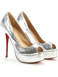 Silver 5 1/2'' High Heel 1 3/5'' Platform Snake Pattern Peep Toe Leather Fashion Shoes