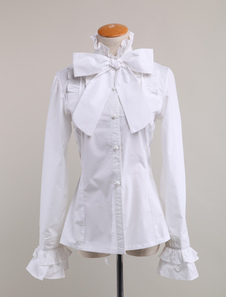 Coton blanc Lolita Blouse manches longues Stand collier Bow Ruffles