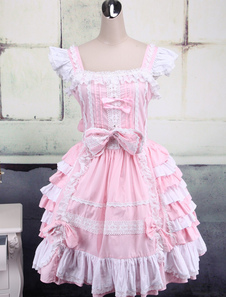 Robe de Lolita rose et blanche sans manches avec bandage de nœud papillon