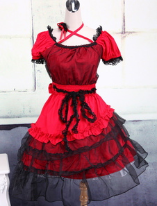 Robe lolita en coton rouge multicouche de col carré