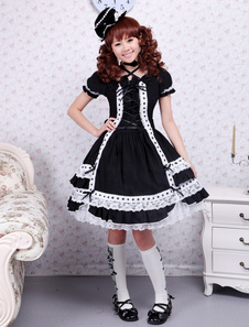 Toussaint Cosplay Lolita Robe noire une pièce courte en dentelle Sleevs garniture Lace Up