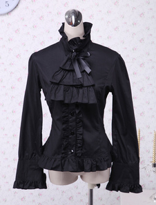 Pur coton noir Lolita Blouse manches longues volants de collier de Stand