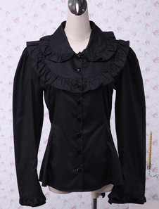 Toussaint Cosplay Lolita Blouse noire manches longues en coton volants Turn-down col