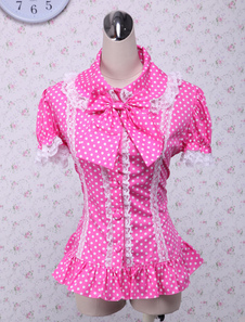 Points de rose Lolita chemisier blanc manches courtes dentelle Bow Trim