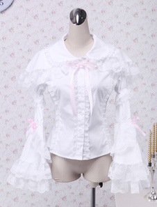 Coton blanc Lolita Blouse Hime longues manches dentelle Bow Trim