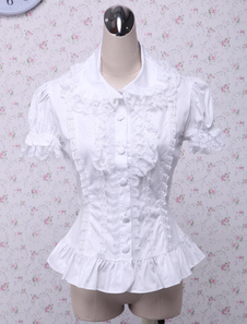 Toussaint Cosplay Lolita Chemisier blanc doux blouse manches courtes Turn-down garniture de dentelle