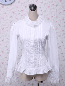 Chemisier lolita en coton blanc de longues manches avec volant