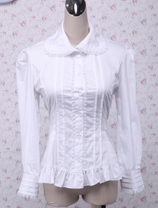 Chemisier lolita en coton blanc de longues manches avec dentelle