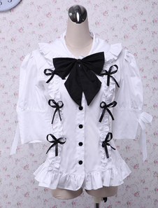 Chemisier lolita courtes manches en coton blanc décoré avec de nœuds de papillon