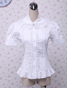 Toussaint Cosplay Lolita Blouse blanche manches courtes dentelle Ruffles garniture en coton