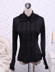 Coton noir Lolita Blouse manches longues dentelle Ruffles garniture