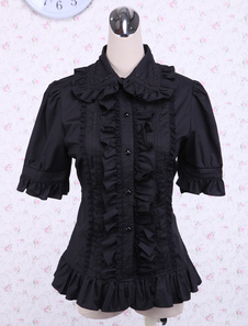 Toussaint Cosplay Lolita Blouse en coton manches courtes volants Turn-down col