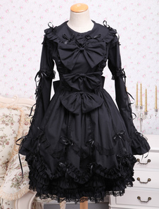 Elegant coton noir Gothique Lolita OP robe manches longues dentelle garniture arcs volants