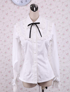 Toussaint Cosplay Lolita Blouse blanche manches longues en coton avec dentelle garniture Turn-down c
