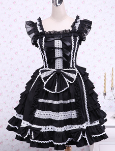 Robe Gothique de Lolita de Bandage Noire Sans Manches en Coton et Dentelle