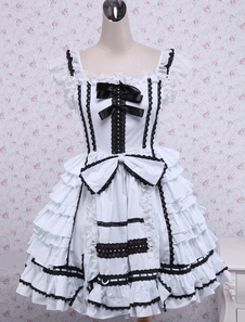 Robe Gothique de Lolita Blanche avec Nervures et Noeuds en Coton