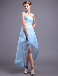 Robe de cérémonie A-ligne bleu ciel claire en tulle à une épaule asymétrique