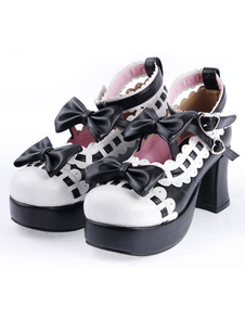 Chaussures Lolita en PU noires à talon épais avec nœuds