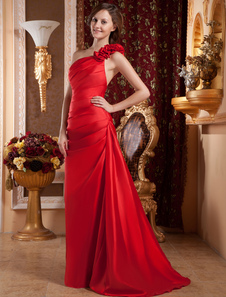 Robe de soirée fourreau rouge en taffetas à une épaule