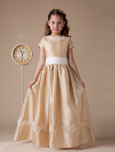 Short Sleeves Embroidery Sash Taffeta Flower Girl Dress