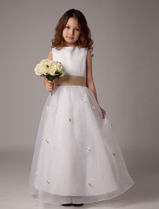 White Sleeveless Bow Sash Flower Girl Dress