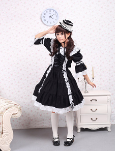 Robe de lolita douce Classique Manches Courtes Coton Noire