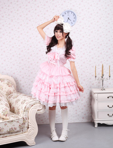 Robe lolita en coton rose de col carré avec dentelle