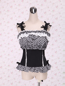 Coton noir Vichy blanc noir Lolita de mousseline de soie Blouse dentelle Sleevesless Bow Trim