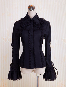 Toussaint Cosplay Lolita Blouse noire Hime longues en coton manches lacets Turn-down garniture de de