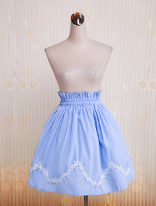 Jupe Lolita en coton bleu avec dentelles festonnées