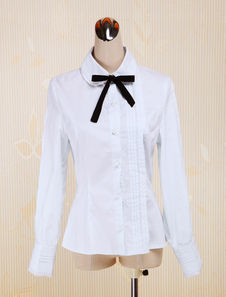 Coton blanc Lolita Blouse manches longues col Turn-down Bow