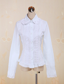 Coton blanc Lolita Blouse manches longues dentelle garniture Turn-down col