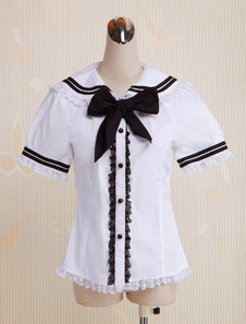 Coton blanc Lolita Blouse manches courtes marin Style dentelle Bow Trim