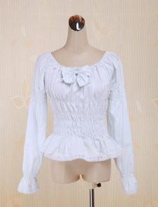 Cou de coton Lolita Blouse longue manches fronces noeud carré blanc