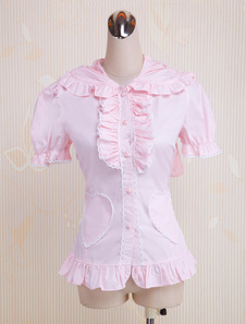 Toussaint Cosplay Lolita Blouse rose douce en coton manches courtes volants Turn-down col