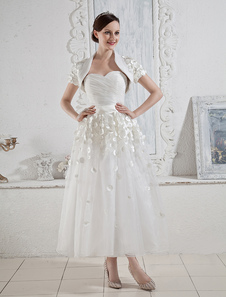 Robe de mariée d'A-ligne en blanc brillant de longueur de thé en grenadine