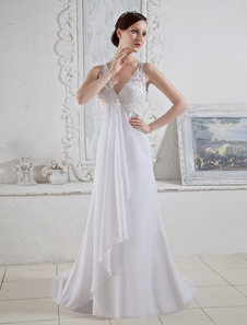 Robe de mariée blanche à licou de V-col et de ceinture haute en satin