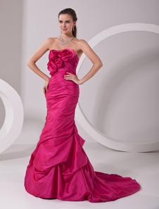Magnifique robe de soirée ligne-A fuchsia en moussline de soie en forme de coeur