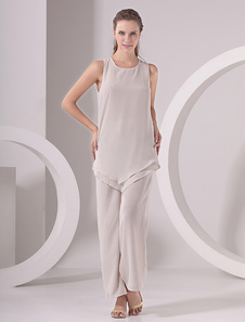 Costume mère de mariés en chiffon gris de col rond