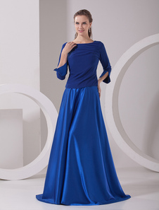 Robe mère de mariée A-ligne bleue royale en satin stretch col trou de serrure