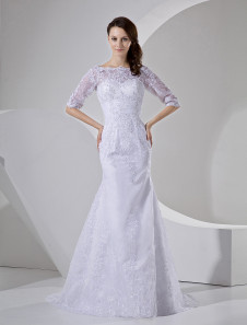 Robe de mariée sirène blanche en satin et organza hors de l'épaule traîne courte