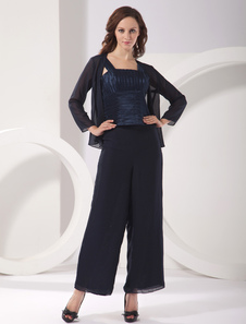 Costume mère de mariés bleue marine foncée de col rond