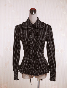 Coton noir pois blancs Lolita Blouse manches longues volants