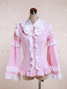 Toussaint Cosplay Lolita Blouse rose manches longues en coton volants blanc Bow Trim