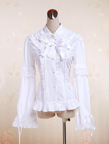 Toussaint Cosplay Lolita Blouse blanche manches longues en coton avec dentelle Lace Trim boucles