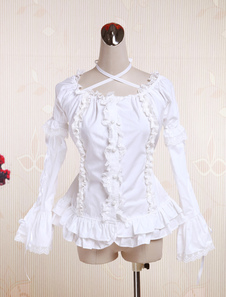 Toussaint Cosplay Lolita Blouse blanche longue en coton Hime manches cou bretelles dentelle Ruffles 