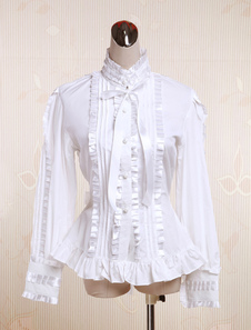 Couches de coton blanc Lolita Blouse manches longues Stand Colalr dentelle Bow volants