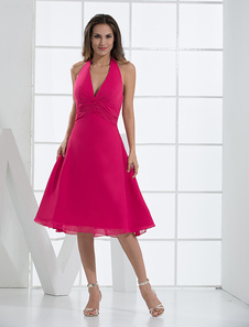 Robe de cocktail fuchsia de col V à licou