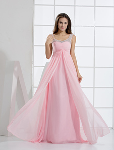 Robe de bal en chiffon rose à bretelles de longueur plancher