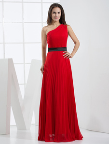 Robe de soirée A-ligne rouge en chiffon à une épaule